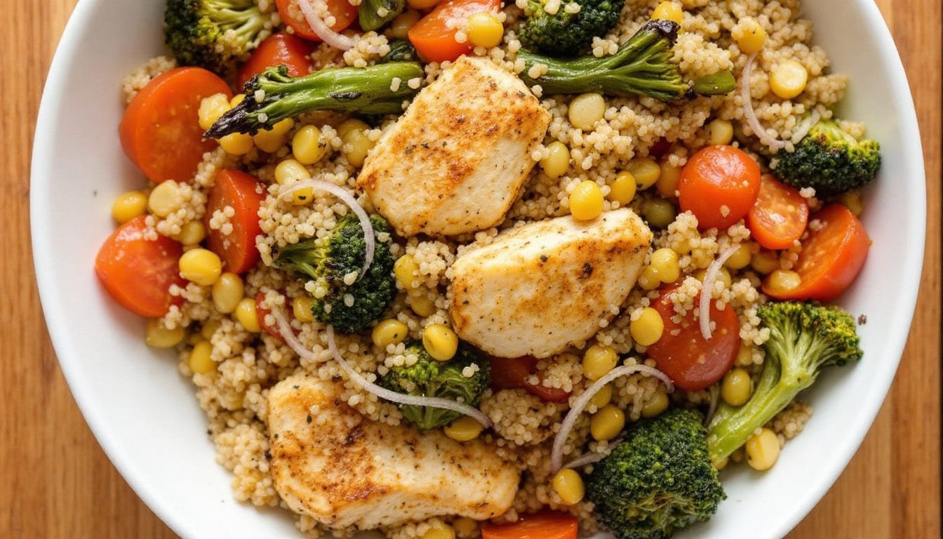 bowl di quinoa con verdure grigliate e pollo
