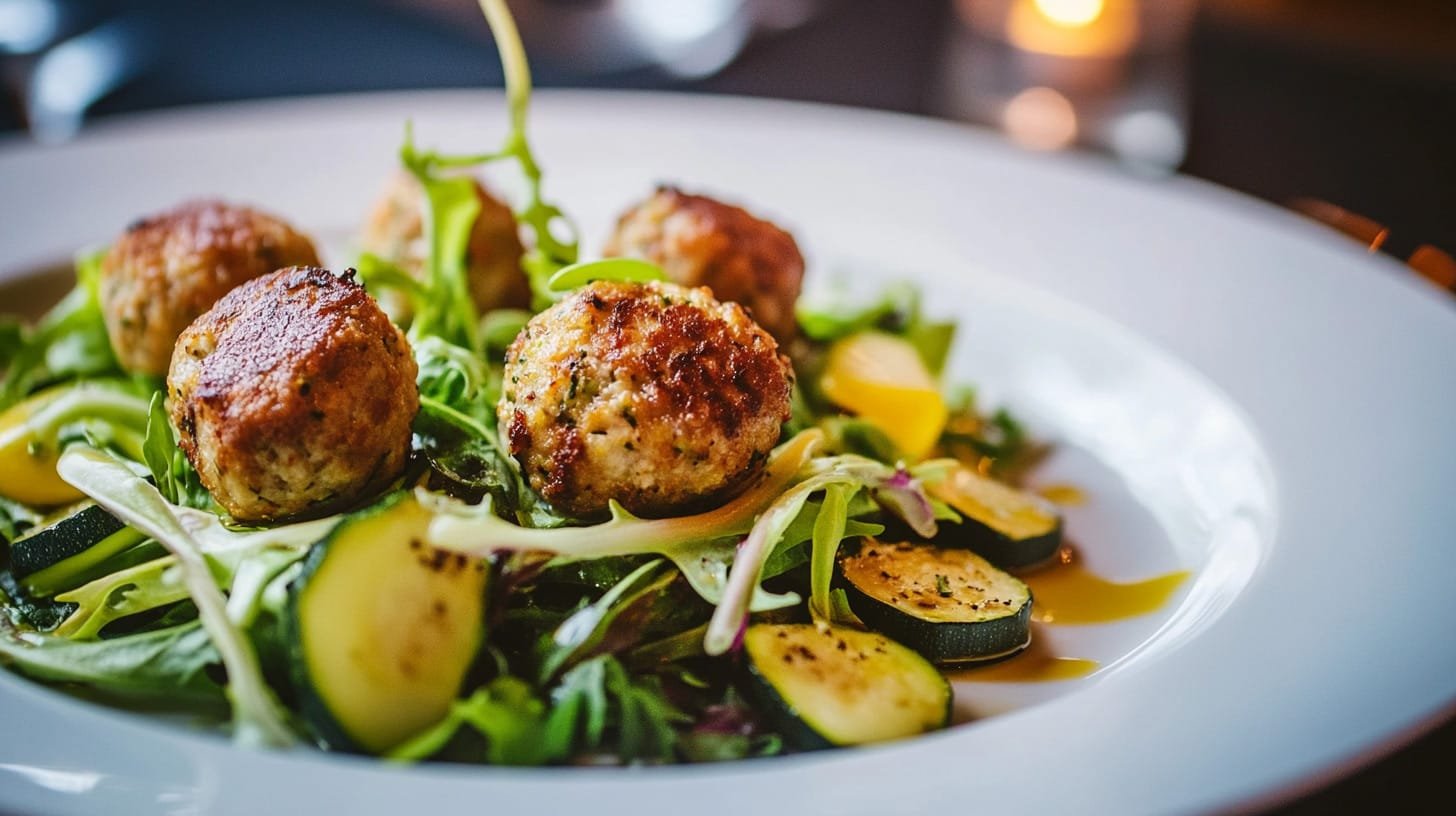 Polpette leggere di tacchino e zucchine al forno, dorate e servite su insalata fresca